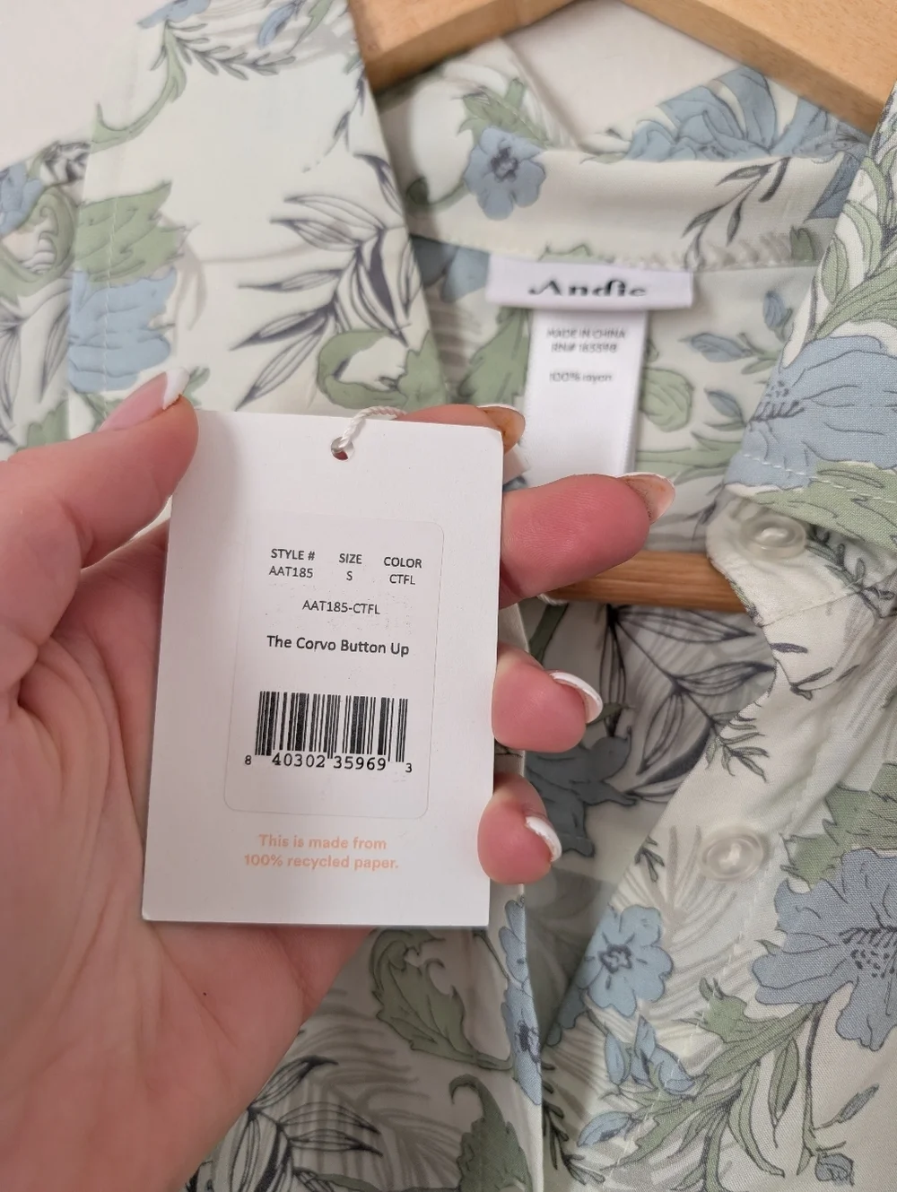 NWT Andie Swim White Sage Green Muted Blue Floral Corvo Long Sleeve Button Shirt